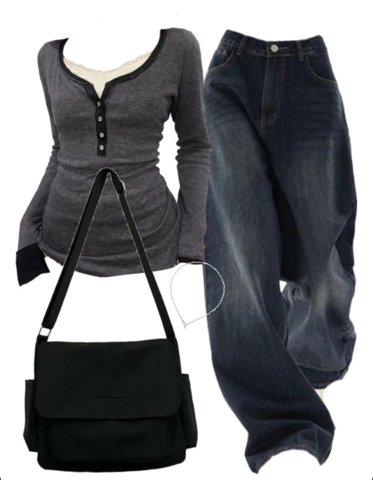 U Neck Long Sleeve Tee + 90s Boyfriend Jeans + Large Canvas Satchel Bag