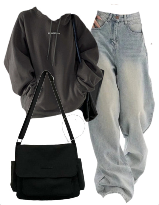 Embroidery Baggy Hoodie + Vintage 90s Baggy Boyfriend Jeans + Satchel Bag