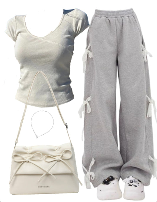 Short Sleeve Tee + Tie Baggy Sweatpants + Leather Bag