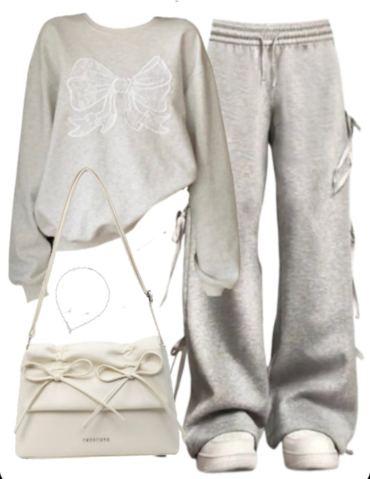 Pullover Sweatshirt + Bow Tie Sweatpants + Leather Shoulder Bag