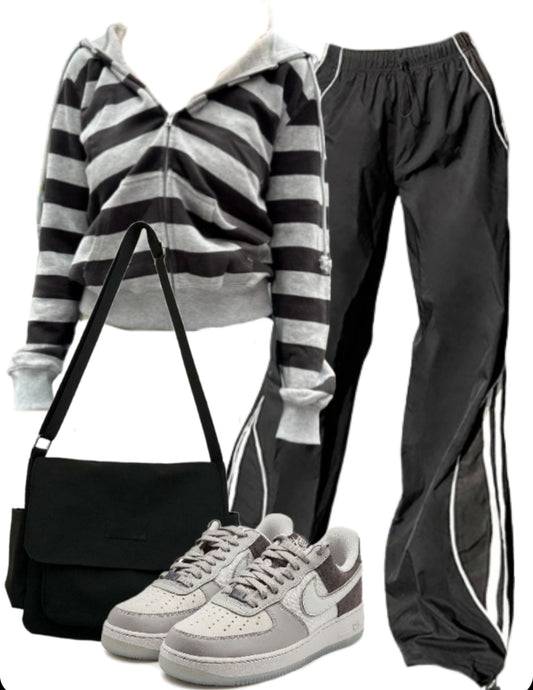 OOTD: Vintage Striped Zip Up Hoodie + Baggy Sweatpants + Satchel Bag