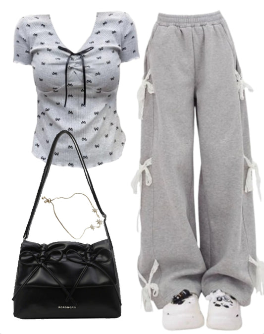 OOTD: Short Sleeve Tee + Baggy Sweatpants + Solid Color Leather Shoulder Bag