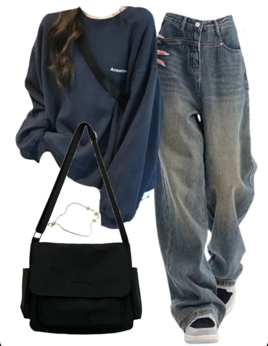 OOTD: Oversized Sweatshirt + High Waist Boyfriend Jeans + Large Canvas Satchel Bag