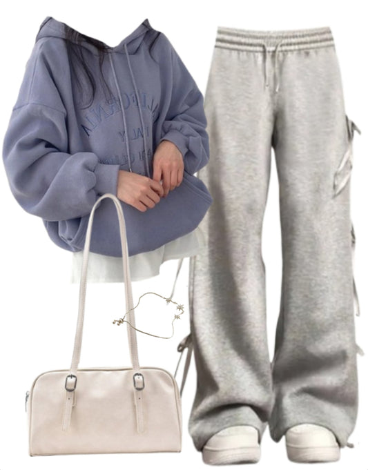 OOTD: Oversized Hoodie + Bow Tie Sweatpants + Pu Leather Shoulder Bag