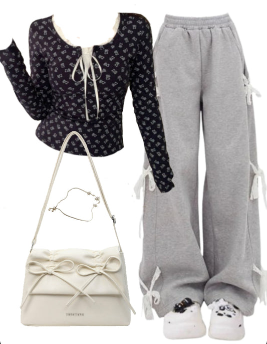 OOTD: Front Tie Long Sleeve Tee + Baggy Sweatpants + Color Leather Shoulder Bag