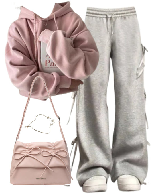 OOTD: Cropped Hoodie + Bow Tie Sweatpants + Leather Shoulder Bag