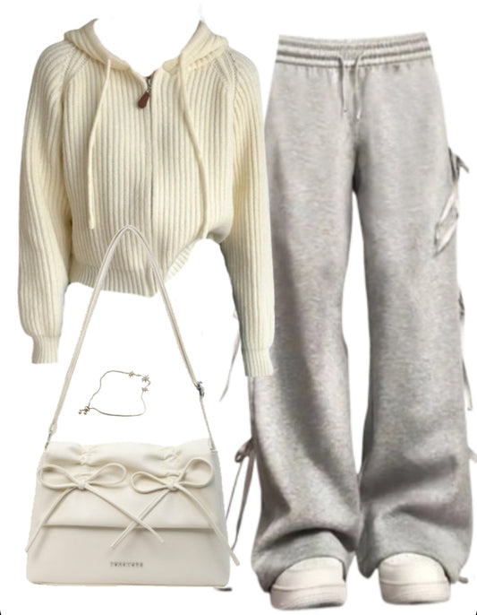OOTD: Hooded Cardigan + Bow Tie Sweatpants + Leather Shoulder Bag