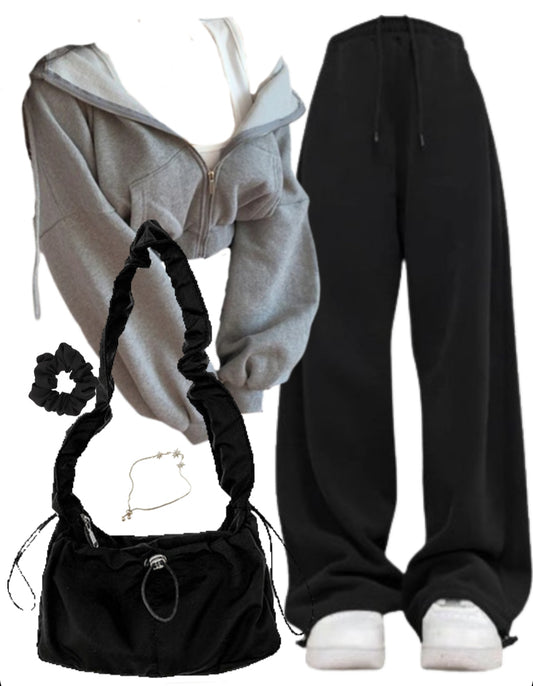 OOTD: Zip Up Cropped Hoodie + Baggy Sweatpants + Shirring String Shoulder Bag