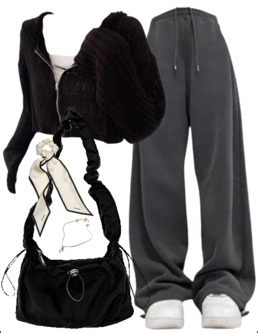 OOTD: Zip Up Hoodie + Baggy Sweatpants + Shirring String Shoulder Bag