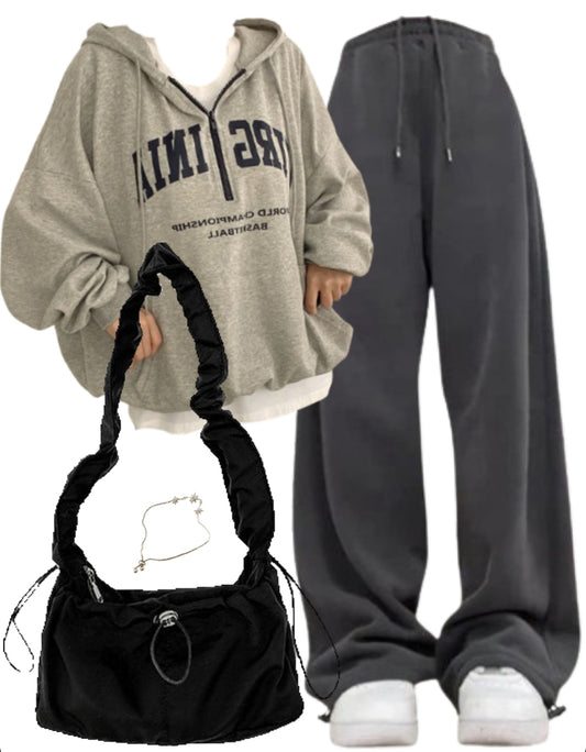 OOTD: Zipper Hoodie + Baggy Sweatpants + Ribbon Shirring String Shoulder Bag