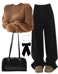 OOTD: Solid Color Crew Neck Crop Sweater + Boyfriend Jeans + Pu Leather Shoulder Bag