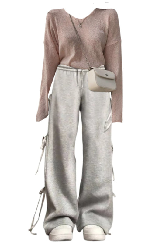 OOTD: Solid Color V-Neck Oversized Knitted Tee + Street Side Bow Tie Sweatpants
