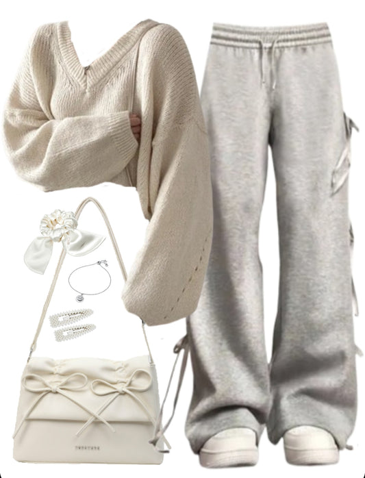 OOTD: Bow Tie Sweatpants + Solid Color Leather Shoulder Bag + Oversized Sweater