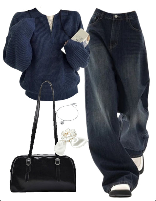 OOTD: Polo Collar Sweater + 90s Boyfriend Jeans + Pu Leather Shoulder Bag