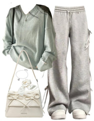 OOTD: V-Neck Pullover Sweater + Side Bow Tie Sweatpants + Shoulder Bag