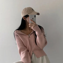 Double-headed Zipper Solid Color Hooded Cardigan