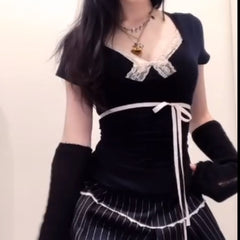 Lace Trim Bow Splice V Neck Long Sleeve Tee