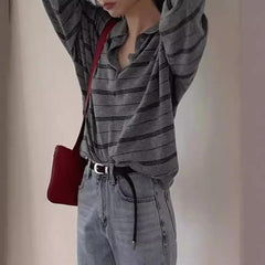 Vintage 90s Polo Collar Striped Sweatshirt - fairypeony