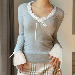 Lace Trim V-neck Bow Long Sleeve Tee - fairypeony