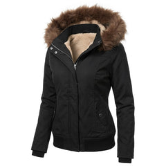 2000s Retro Fleece-Lined Hooded Jacket – Fur Trim Zip-Up Bomber in Black S–XL