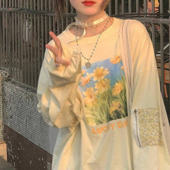 Aesthetic Daisy Print Oversized Long Sleeve Tee - fairypeony