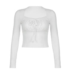 Lace Trim Stitching Square Neck Long Sleeve Tee