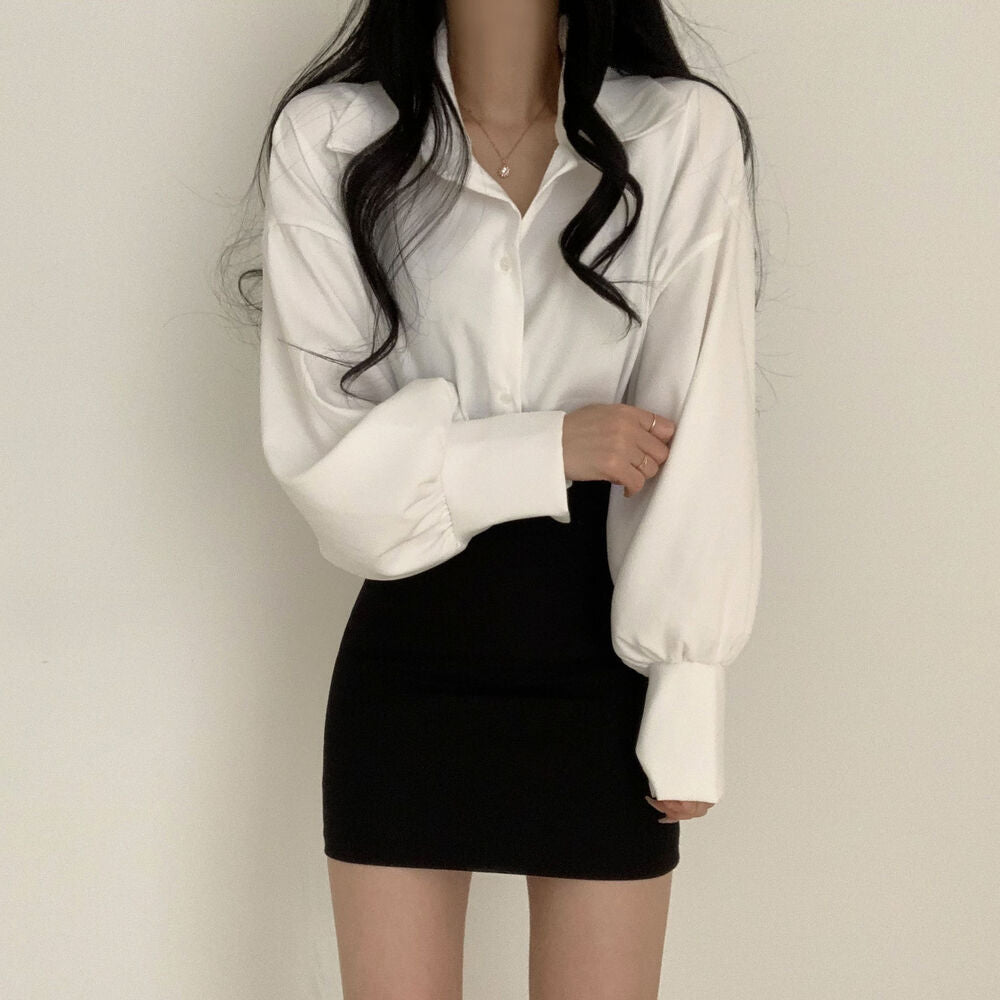 Solid Color Long sleeve Blouse - fairypeony