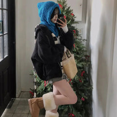 Loose Fit Zipper Hooded Furry Fleece Jacket – Plush Warm Sweatshirt Coat
