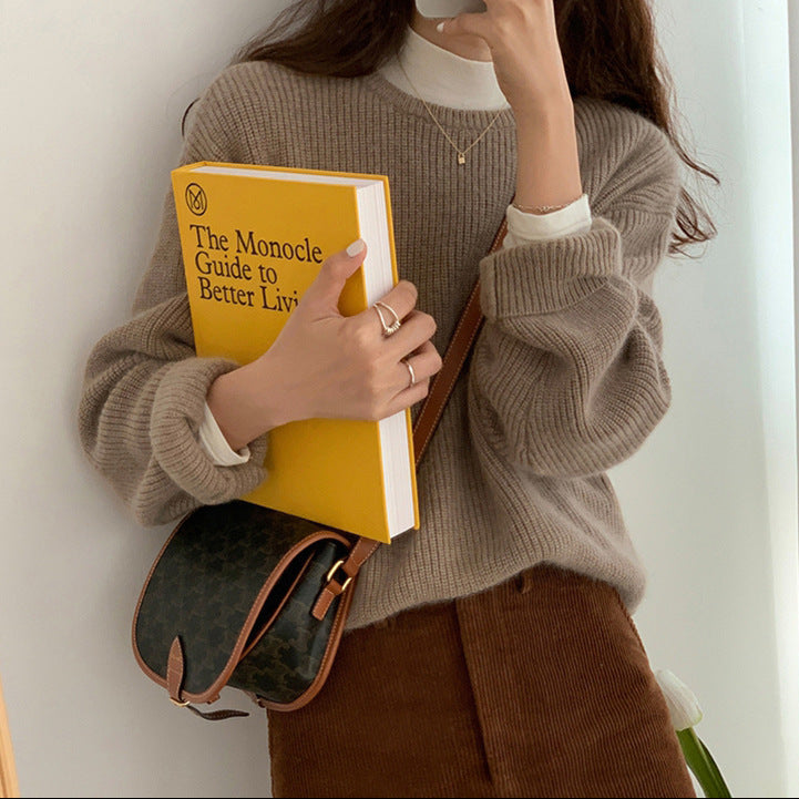 Korean Style Crewneck Knitted Sweater – Thick Loose Pullover in 3 Colours - fairypeony