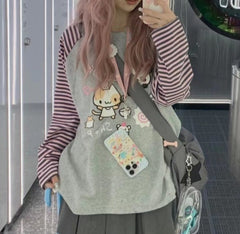 Cartoon Print Striped Long Sleeve Tee