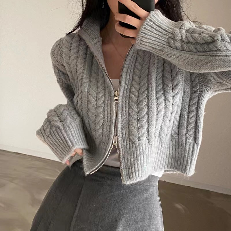 Twist Double Zipper Design Short Cardigan - fairypeony