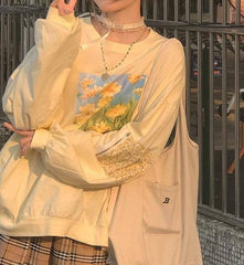 Aesthetic Daisy Print Oversized Long Sleeve Tee - fairypeony