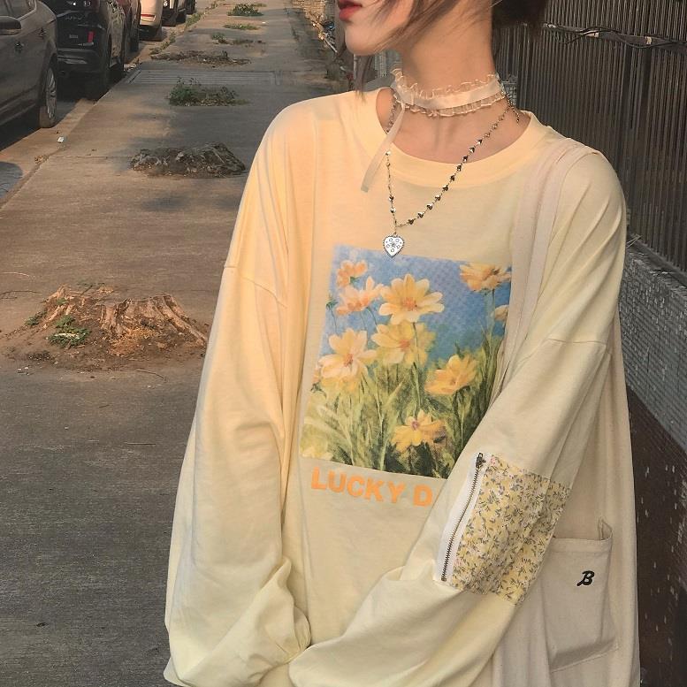 Aesthetic Daisy Print Oversized Long Sleeve Tee - fairypeony