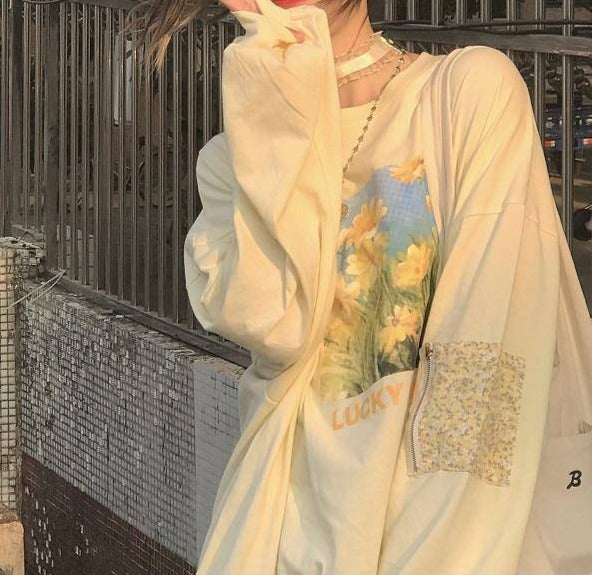 Aesthetic Daisy Print Oversized Long Sleeve Tee - fairypeony