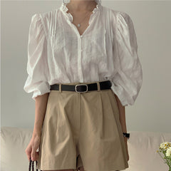 Button Front Pleated Long Sleeve Blouse