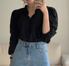 Button Front Pleated Long Sleeve Blouse