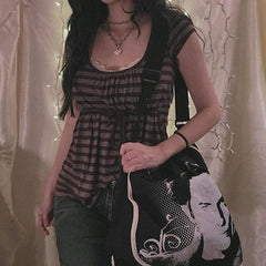 Striped U Neck Drawstring Short Sleeve Tee - fairypeony