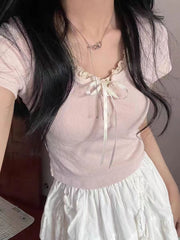 Coquette Tie Front Lace Trim Tee - fairypeony