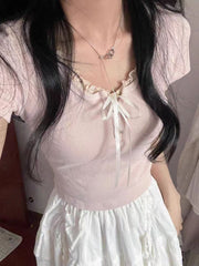 Coquette Tie Front Lace Trim Tee - fairypeony