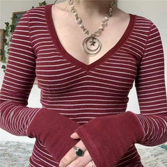 Striped V Neck Knit Long Sleeve Tee - fairypeony