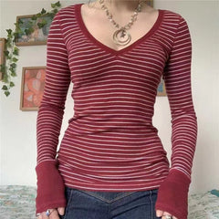 Striped V Neck Knit Long Sleeve Tee - fairypeony