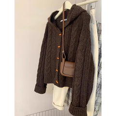 Cow horn buttoned hooded cardigan sweater