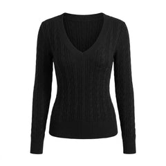 2000s Slim-Fit Cable Knit Sweater – Deep V-Neck Pullover in White Black Gray S–XL