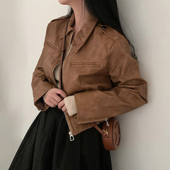 Zip Up Lapel Neck Leather Short Jacket - fairypeony