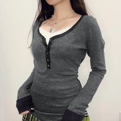 Contrast Color Breasted U Neck Long Sleeve Tee