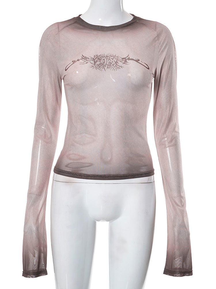 Vintage Print Mesh Long Sleeve Tee - fairypeony
