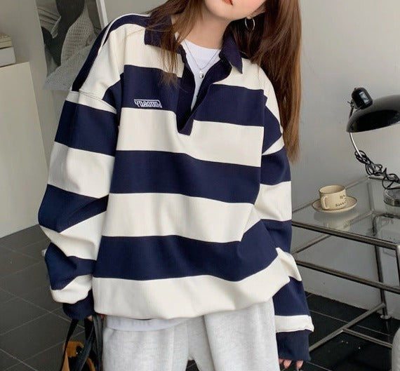 Vintage Polo Collar Striped Oversized Tee - fairypeony