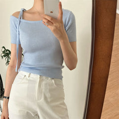 Lace-up Off Shoulder Short Sleeve Knitted Tee