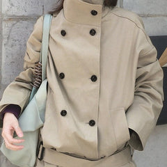 Double-breasted cropped trench jacket in khaki, front view