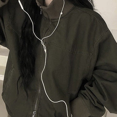 Vintage washed stand collar zip-up baseball jacket in army green, zipped